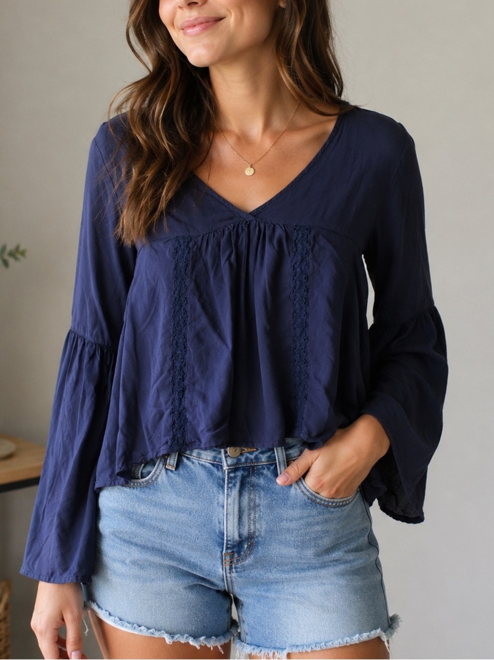 Garage Navy Blue Boho Bell Sleeve Peplum Blouse Size S/P